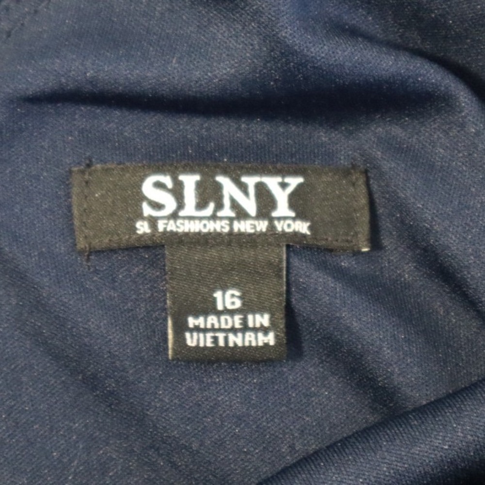 SLNY Navy Ombre Satin Maxi Dress Pleated Evening Gown Blue Sz 16 Wedding Formal - Picture 7 of 7